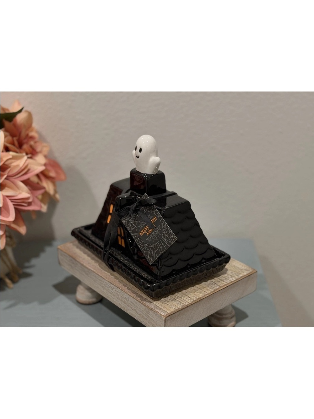 Cobwebs & Cauldron Halloween Ghost On Haunted House Butter Dish, Black New - Picture 3 of 4